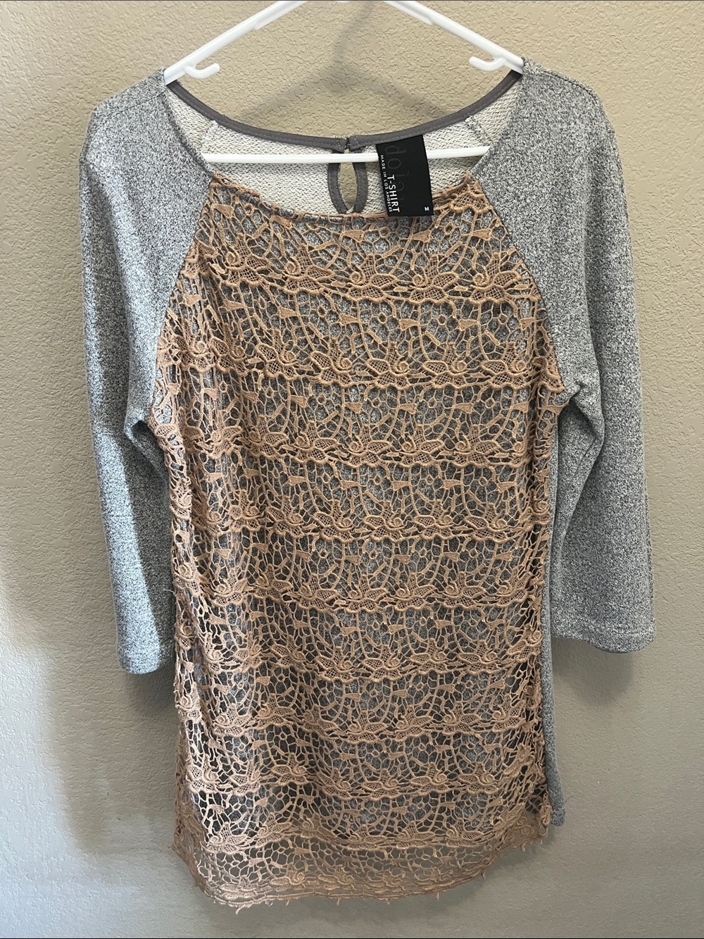 dolan Beige Crochet-Front Long Sleeve Dress with Gray Raglan Sleeves